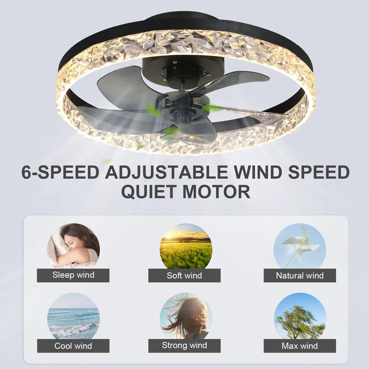 ventilateur plafonnier moderne lumière led multiple vitesses silencieux timer cristal blanc noir vert