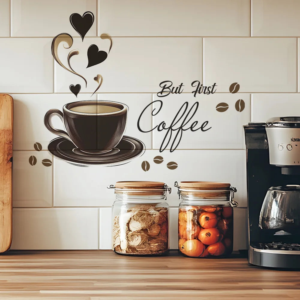 autocollant mural tasse grains but first coffee moderne déco adhésif noir beige marron