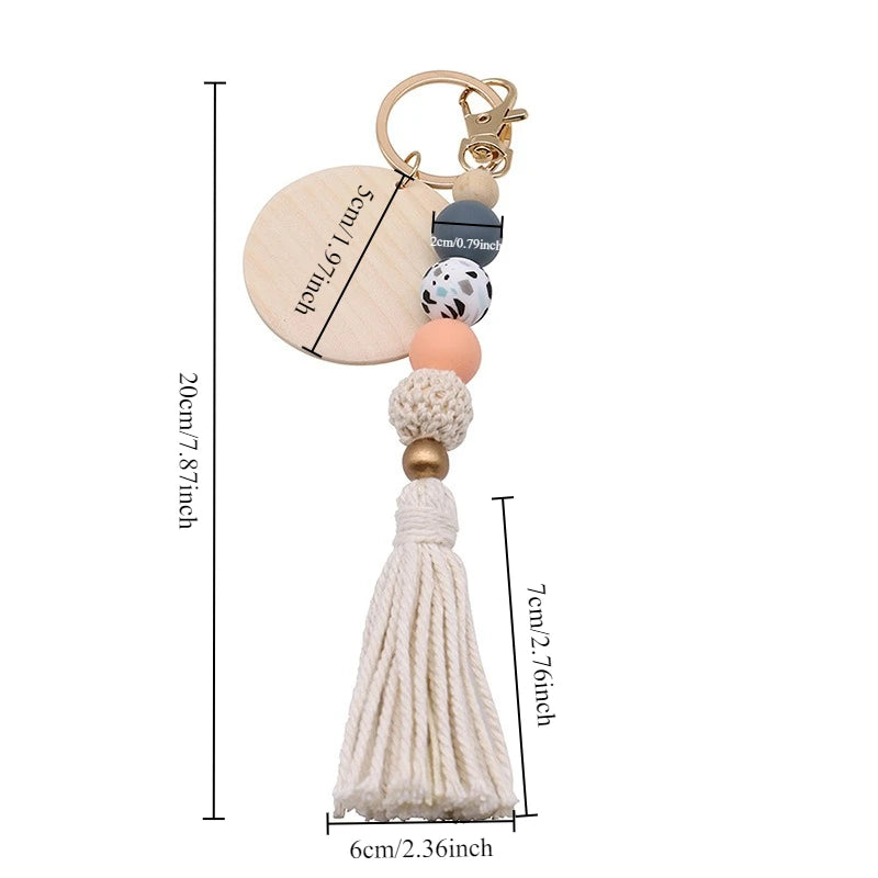 porte clés boho chic rondes frange bois blanc gris beige marronclair