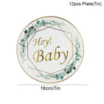 assiettes jetables anniversaire enfant vert doré hey baby guirlande feuilles textes festifs verres serviettes