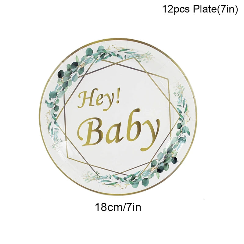 assiettes jetables anniversaire enfant vert doré hey baby guirlande feuilles textes festifs verres serviettes