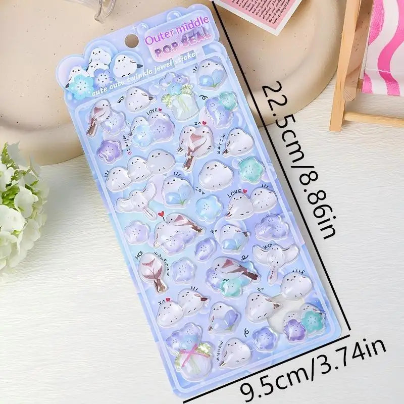 stickers pop seal oiseaux floraux nuages kawaii brillants adhésifs décoratifs enfants rose vert bleu