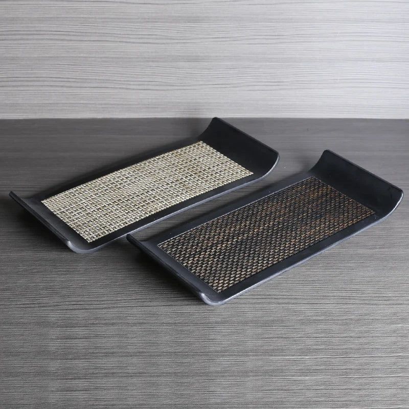 plateau rangement noir tissu géométrique moderne vaisselle mélamine utilisation salon entrée cuisine decoration