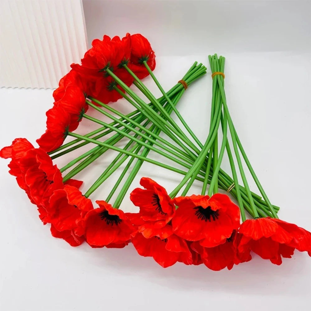 bouquet fleurs artificielles coquelicots rouge vif centres noirs feuilles réalistes modernes intérieur décoration