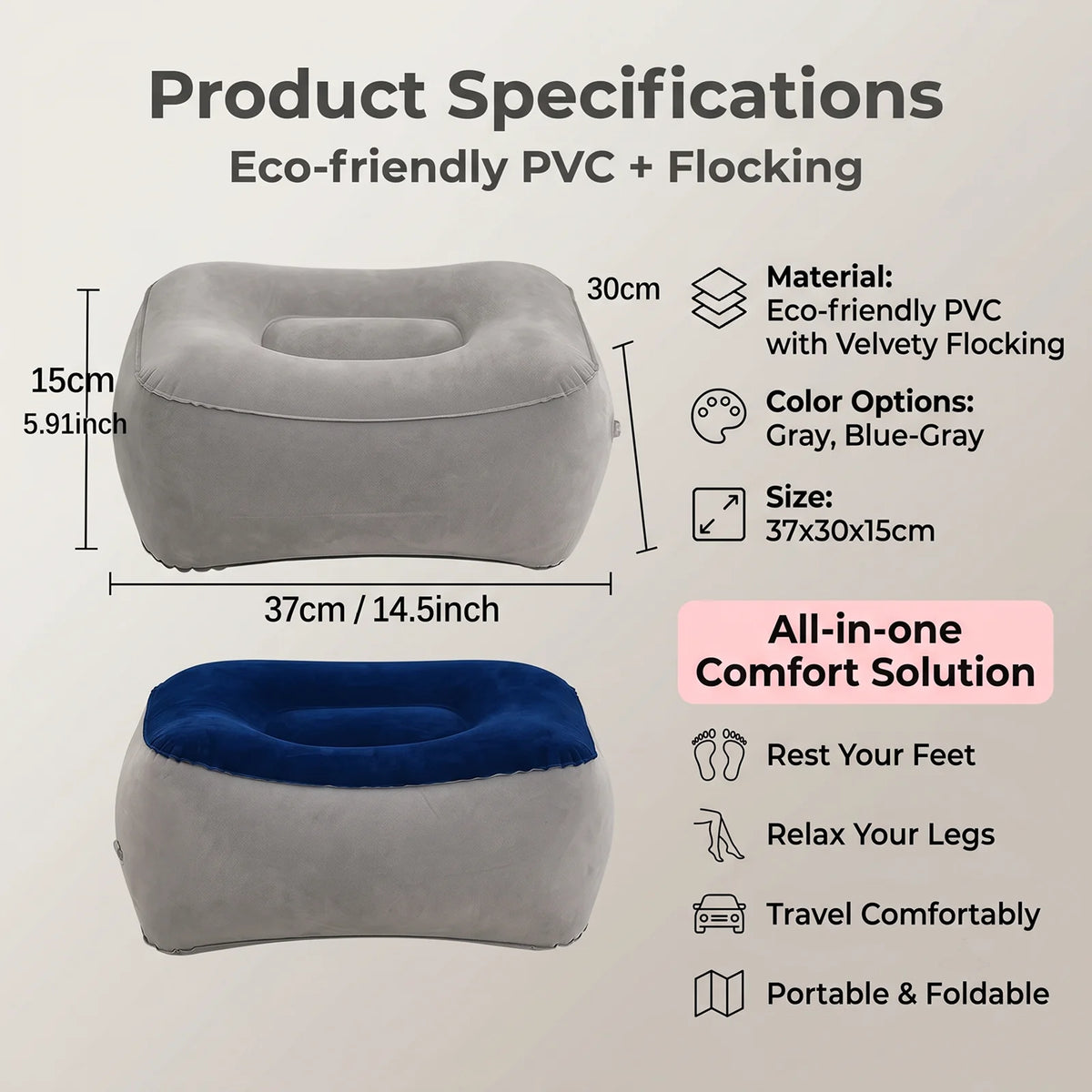 repose pieds gonflable velours gris bleu massage voyage relaxation support opaque ergonomique