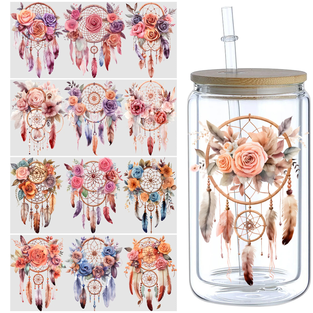 stickers adhésifs dreamcatchers fleurs plumes bohème aquarelle transparents bouteilles bois pack pièces