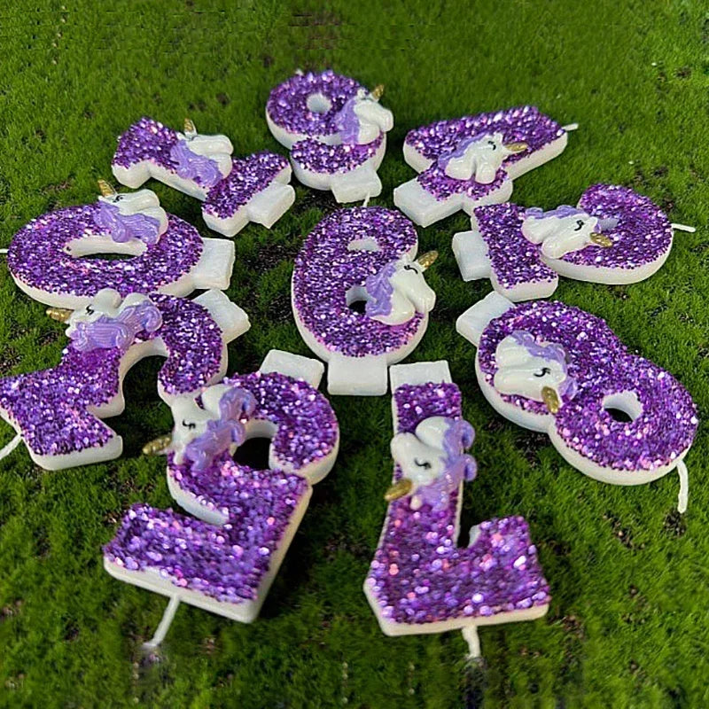 bougies anniversaire forme chiffre licorne pailletées violet blanches décoratives enfants