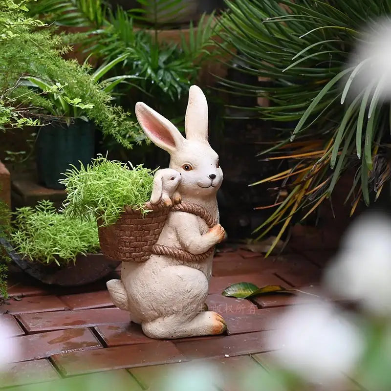 pot fleurs lapin mignon panier tressé plante verte décoration jardin patio chic aspect vieilli