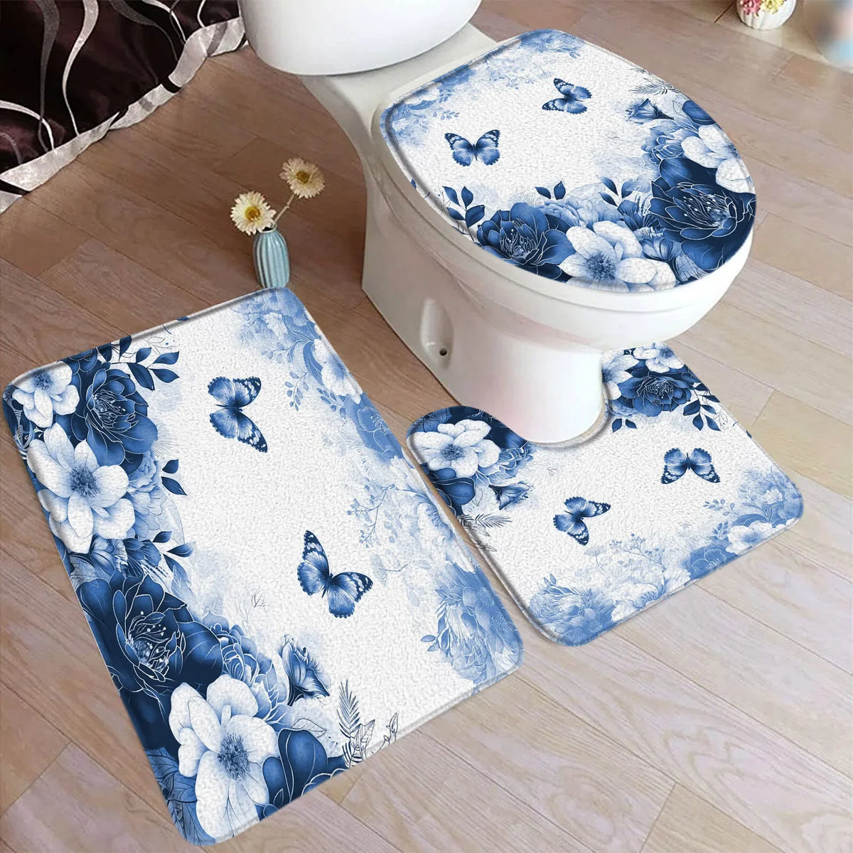 tapis toilette rose fleurs feuilles bain salle beige floral respectueux environnement trois pièces