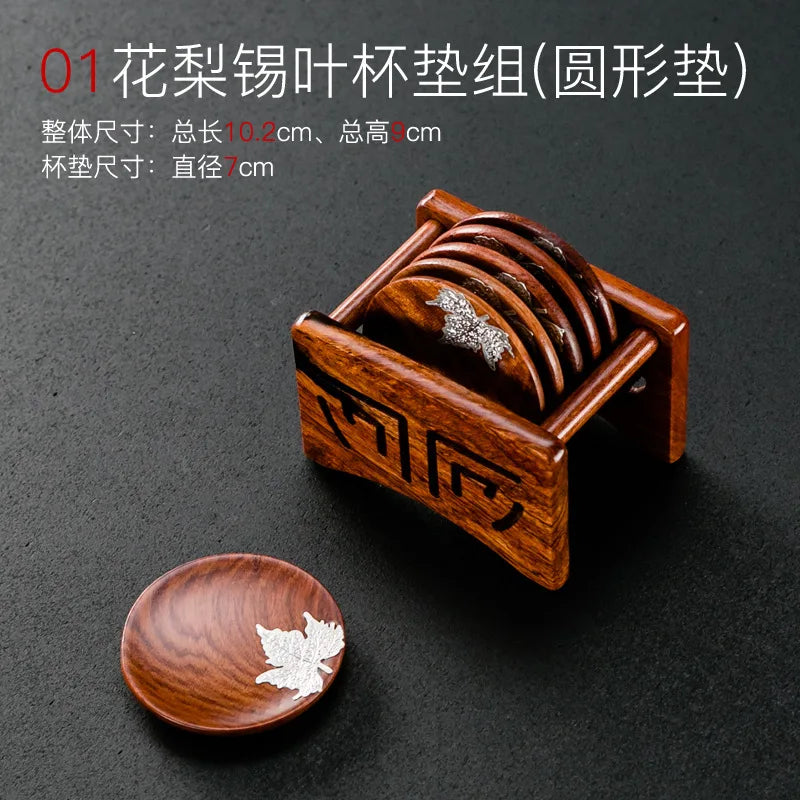 supports tasses saucers bois marron foncé motif feuille gravée traditionnels ensemble pièces boîte rangement