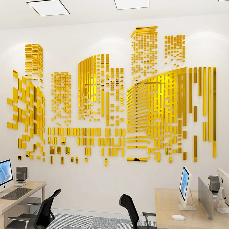 Sticker mural acrylique effet miroir motif ville moderne beige