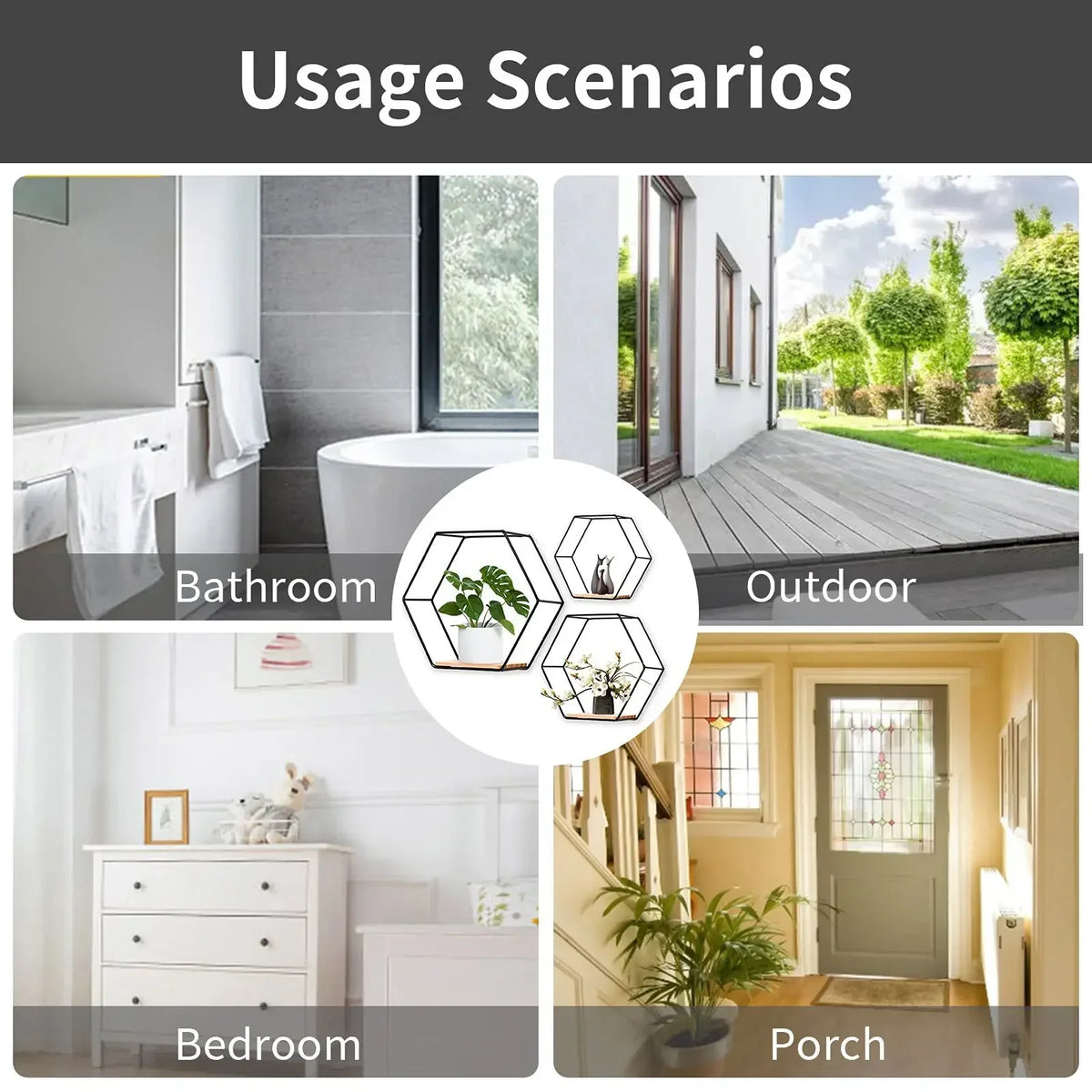 étagère murale hexagonnelle moderne plateau bois cadre métallique noir minimaliste chambre rangement décoration maison