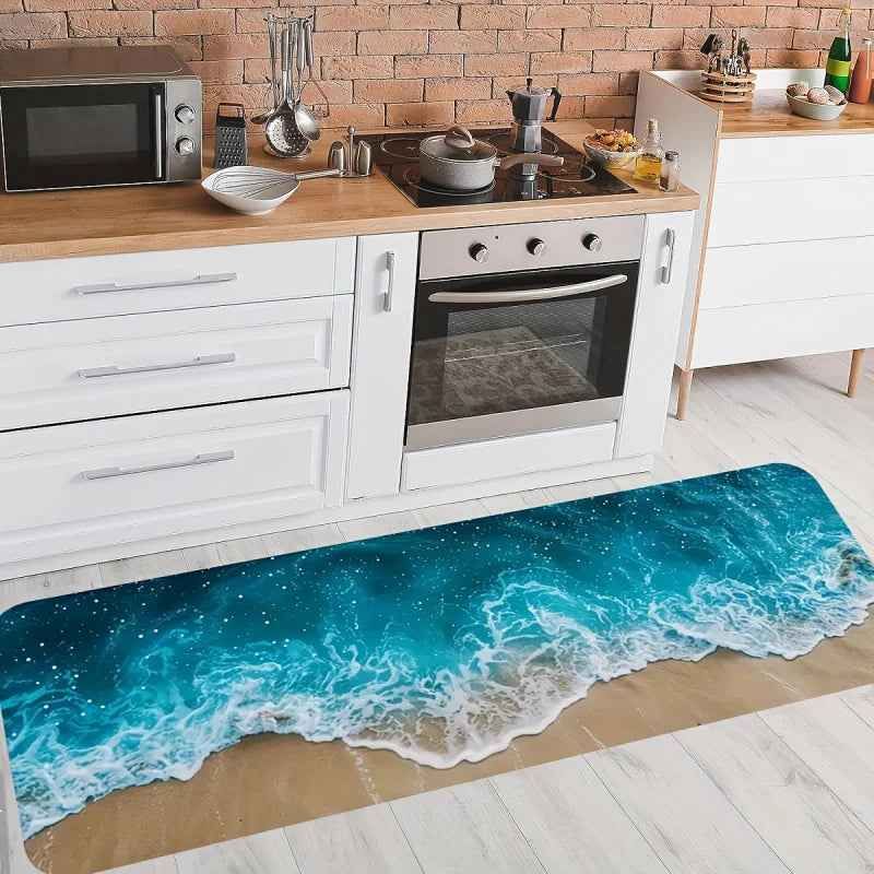 tapis sol bleu beige ondes mer sable moderne résistant intérieur extérieur plage