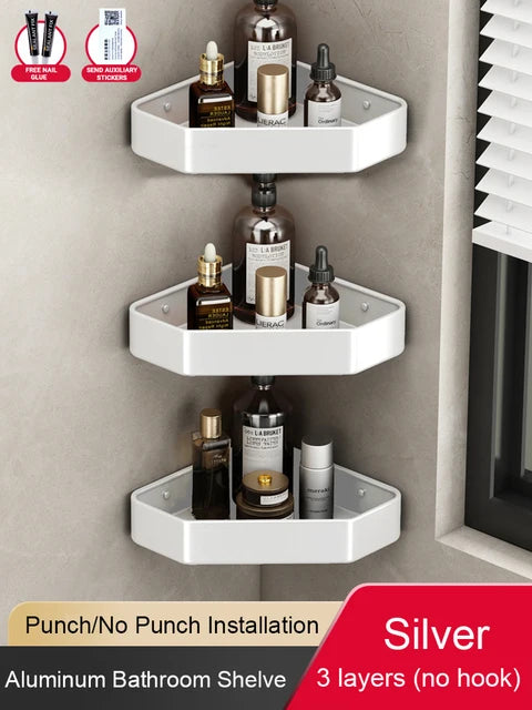 étagère salle bain moderne adhésive métal gris plat niveaux crochets rangement góc