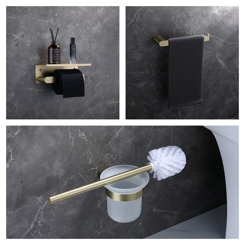 ensemble accessoires salle bain mural porte serviette porte savon porte brosse métal or