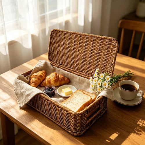 panier tressé rotin marron clair rangement maison entrée vintage traditionnel sans fixation couvercle