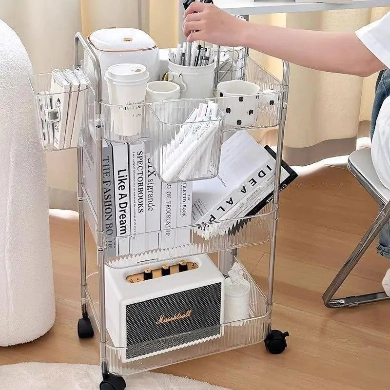 chariot roulettes transparent moderne compartiments striés rangement cosmétiques objets divers