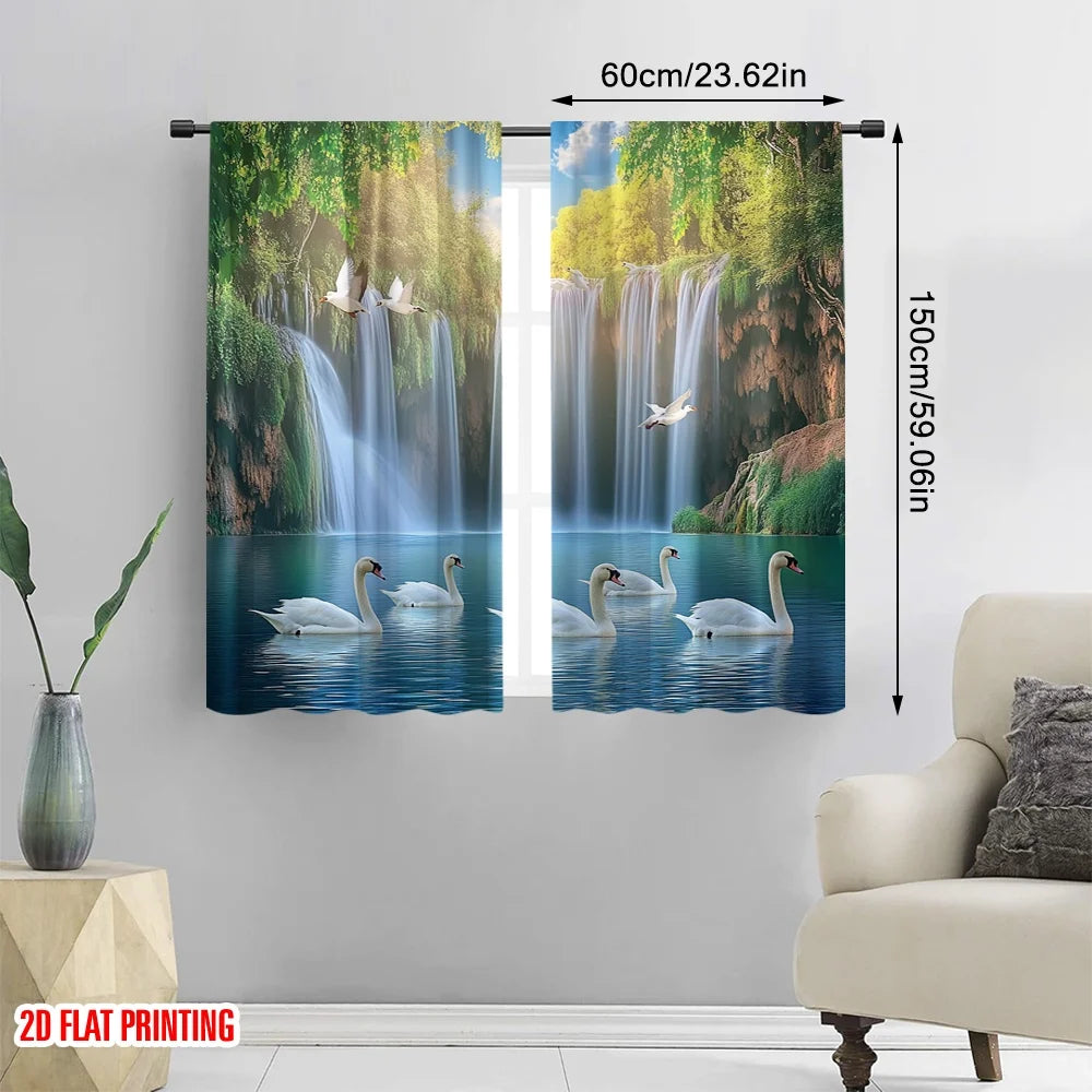 rideau moderne deux pièces paysage cascade oiseaux arbres vert bleu opacité polyester
