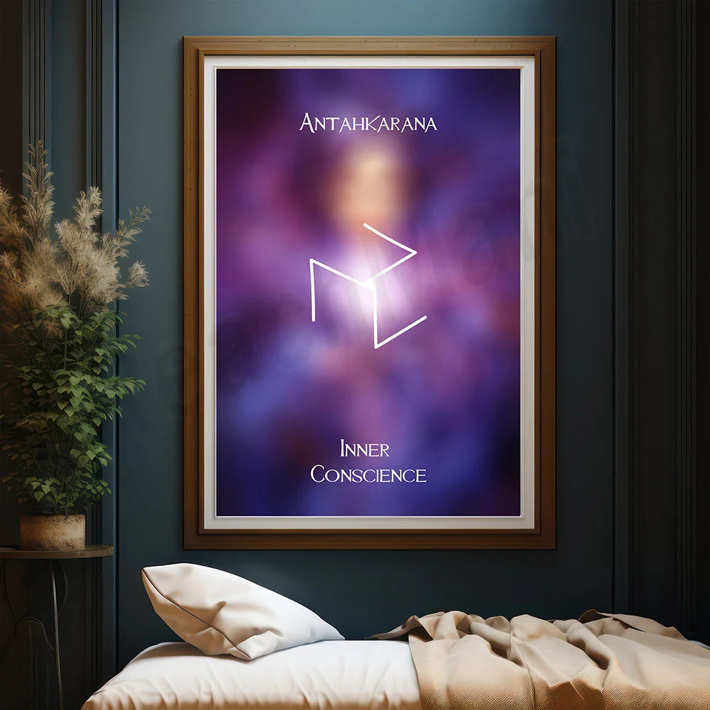 Une affiche mystique représentant le symbole "Antahkarana" sur un fond pourpre, avec une couverture floue pour une ambiance apaisante.