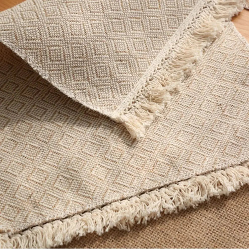 nappes lin beige motif losanges franges decoration table bohème rustique