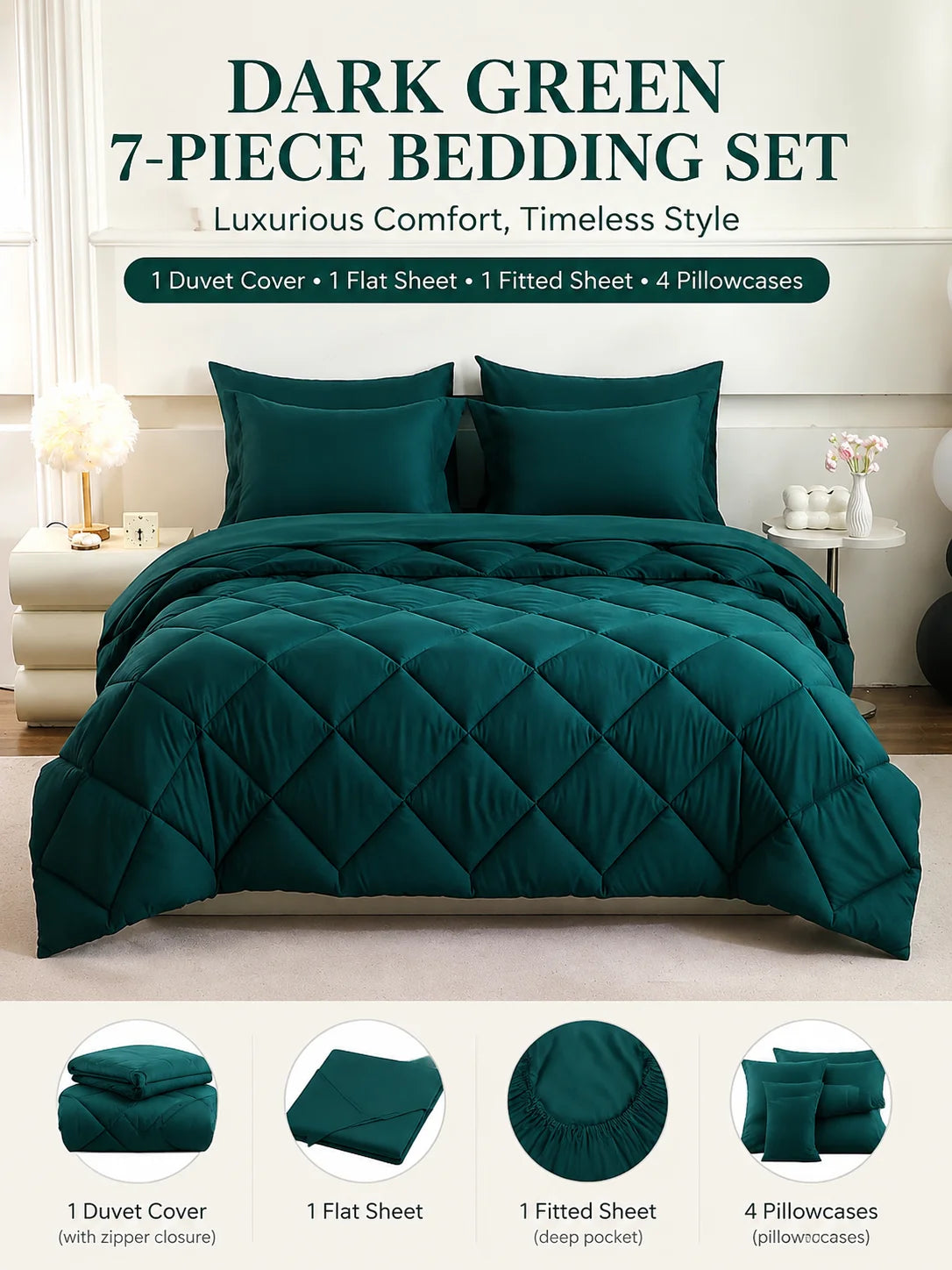 ensemble literie vert foncé texture quadrillée moderne housses oreiller drap plat housse couette elasticées
