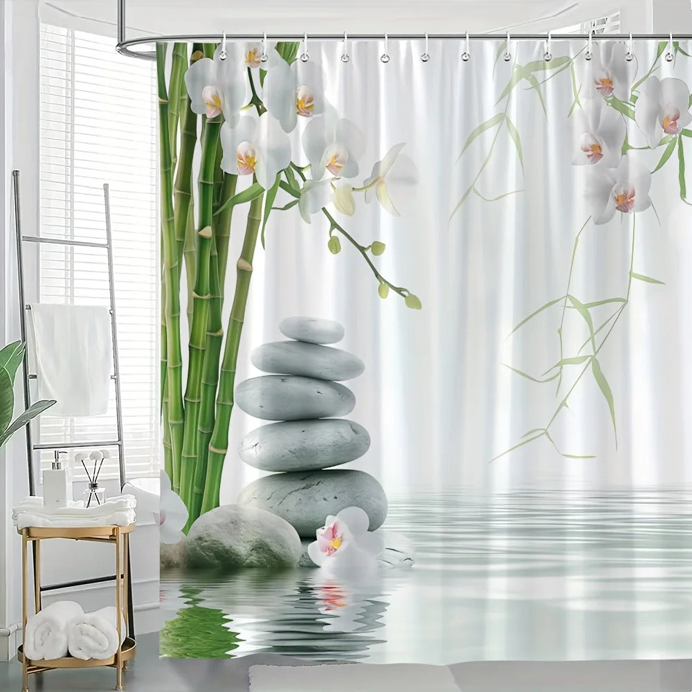 rideau douche moderne orchidées bambou pierres opalescent blanc vert gris rose naturel