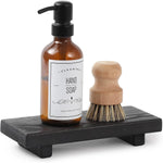 support salle bain bois plateau texturé bouteille savon brosse buvette bougies plantes décorations rustic