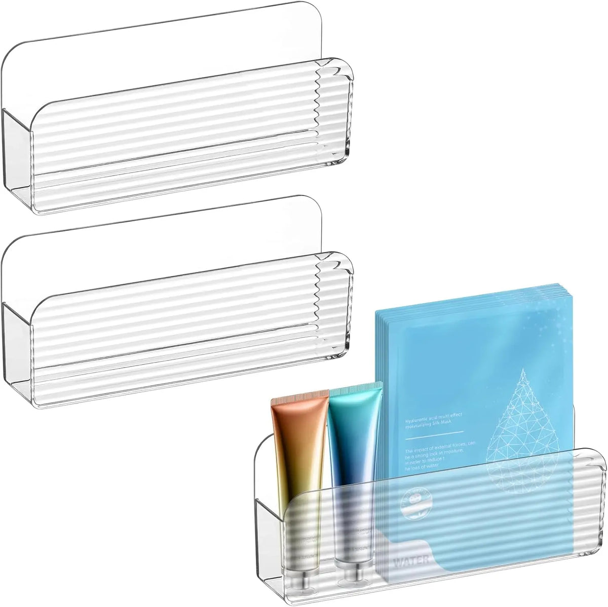 boîtes rangement murales adhésives transparentes modernes rayures horizontales cosmétiques organisation élégante durable accessibles pratiques