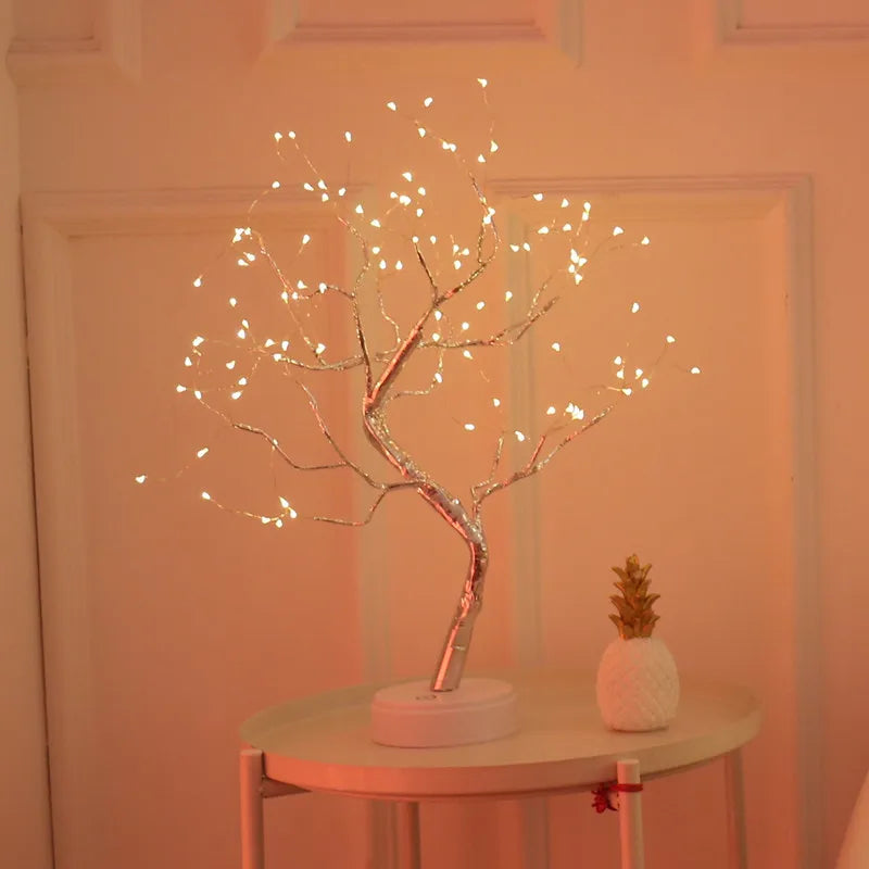 veilleuse arbre blanc fibre optique moderne base carrée tasse décorative 60cm led 16 couleurs