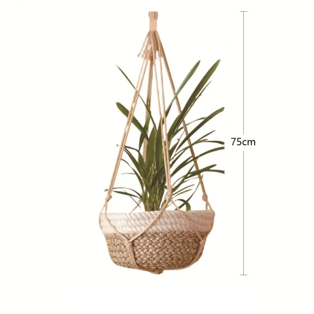 panier suspendu boho tissé motifs géométriques couleur beige vert anneaux métalliques rustic decoration jardin