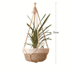 panier suspendu boho tissé motifs géométriques couleur beige vert anneaux métalliques rustic decoration jardin