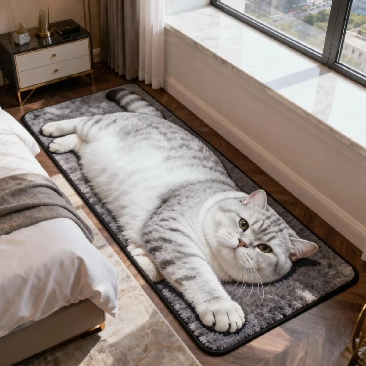 tapis gris imprimé chats moderne antidérapant hand washable durable résistant taches chambre bain