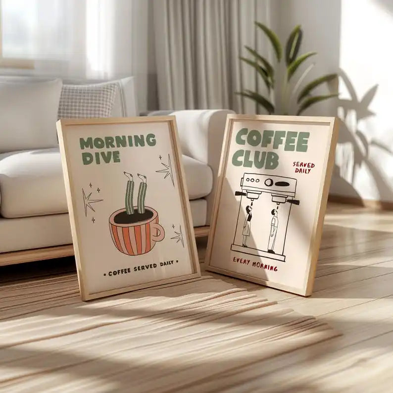 affiches modernes illustration Morning Dive Coffee Club minimaliste beige clair vert pastel orange noir