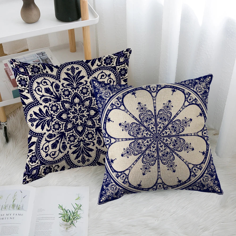 coussins carrés motif floral géométrique vintage bleu marine beige opacité décorative salon voiture