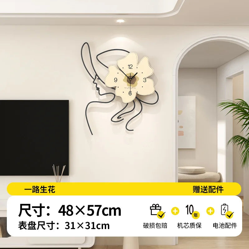 horloge murale moderne visage féminin fleurs minimaliste salon chambre