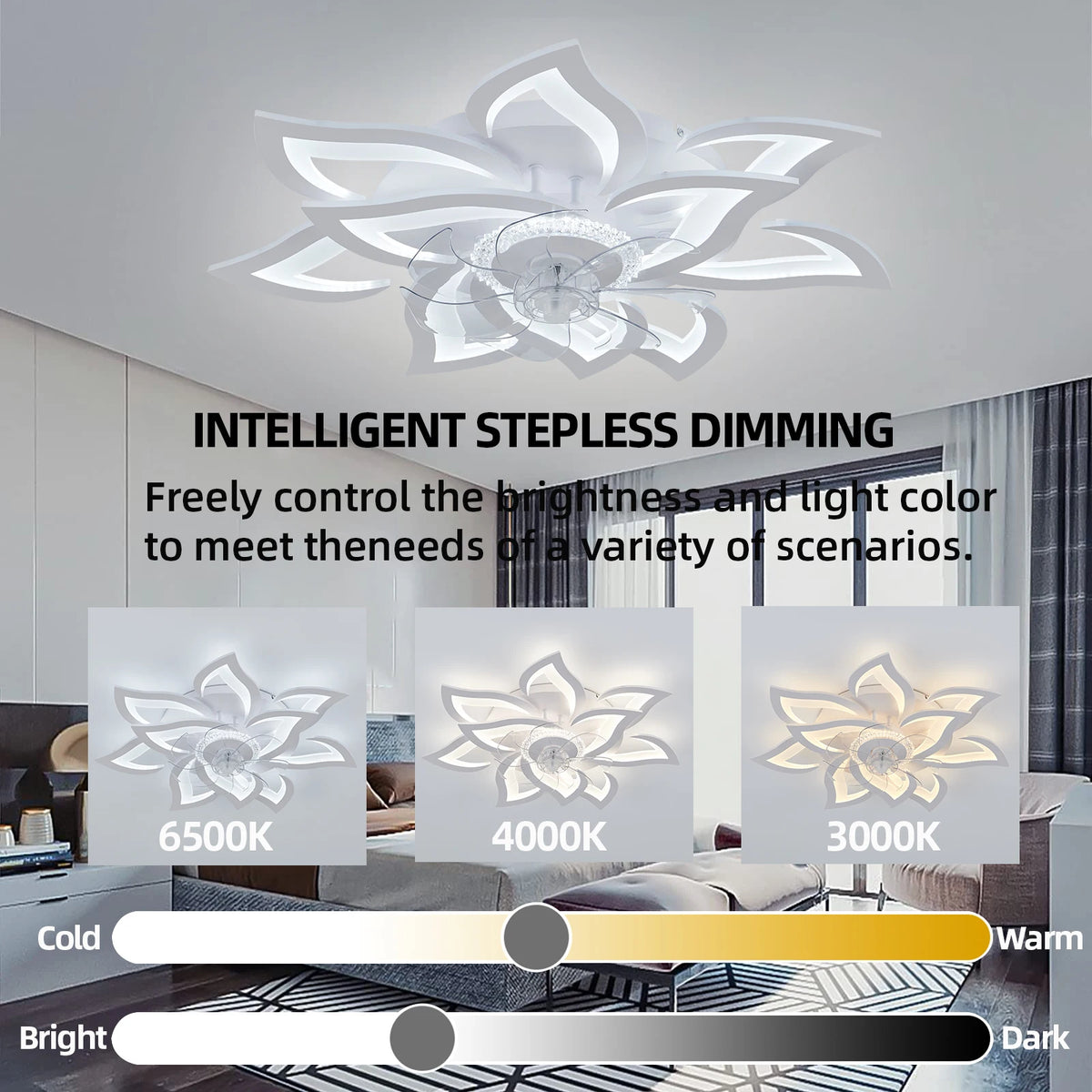 ventilateur led intelligent moderne télécommande blanc fleur lotus 77x77cm