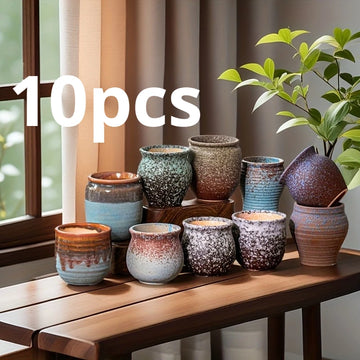 pots céramique rustiques couleurs aléatoires pots plantes vertes herbes décoration maison jardin textures éclaboussées