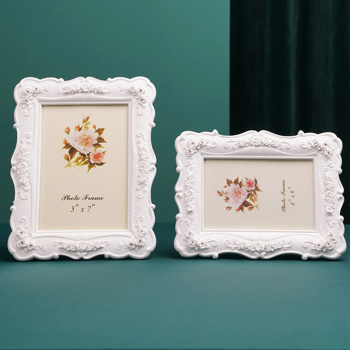 cadre photo résine blanc fleurs roses feuilles vertes classique baroque chambre