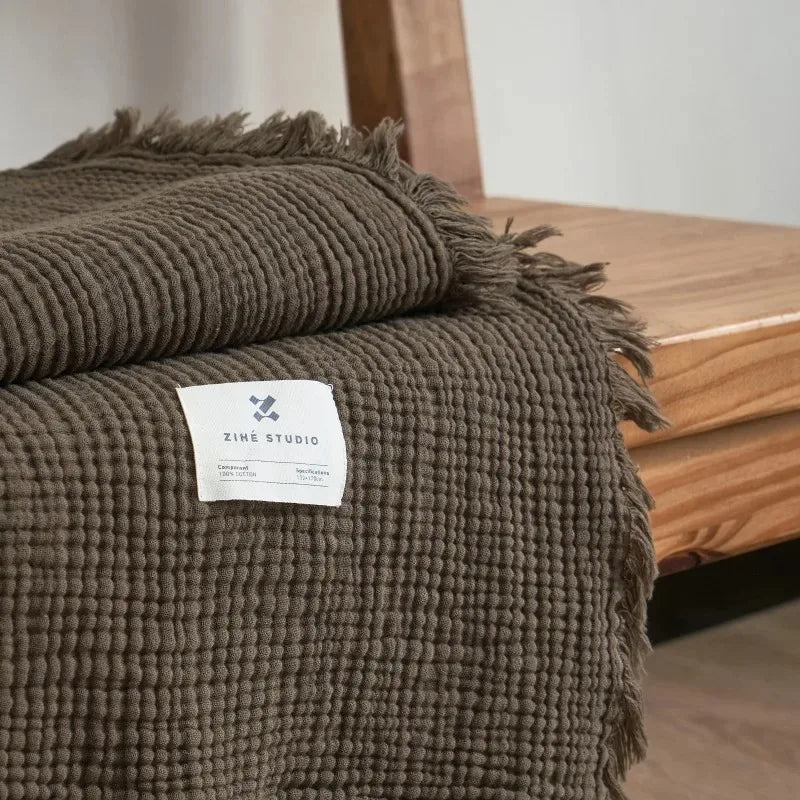 couverture coton gaufrée plaid rustique frangée chaleureuse voyage été hospitalière maison