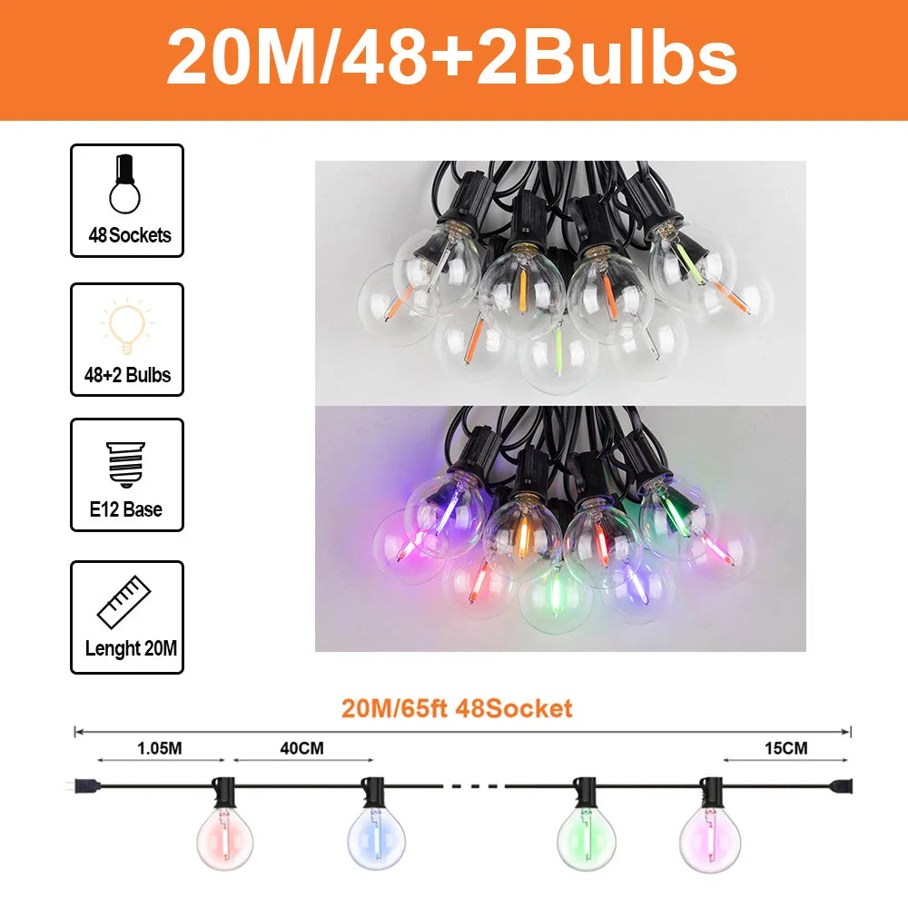 guirlande lumineuse extérieure globes multicolores transparents vintage 10m 15m 20m led rgb imperméable