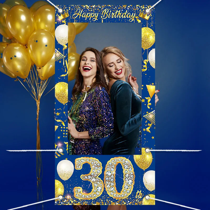 Cadre photo anniversaire bleu or pour fête sur stand photo