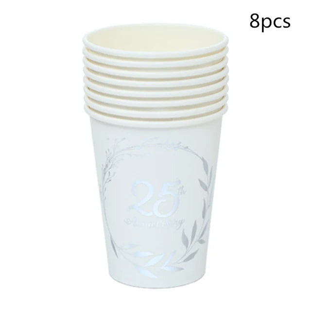assiettes jetables dorées festives 8pcs anniversaire guirlandes feuilles textes classiques blancs