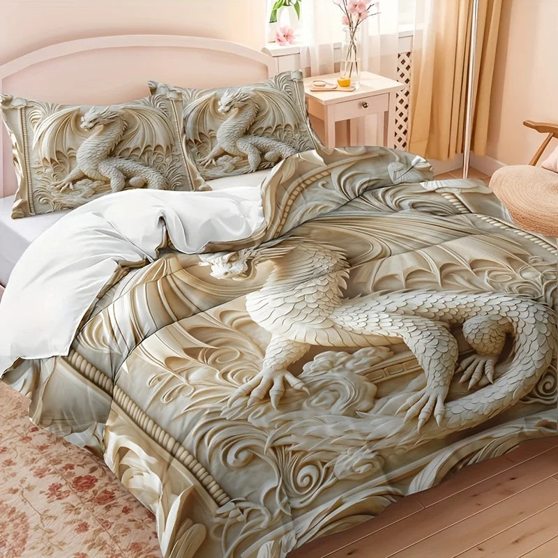 housse couette dragon relief deux taies oreiller motifs floraux literie decorative polyester beige blanc