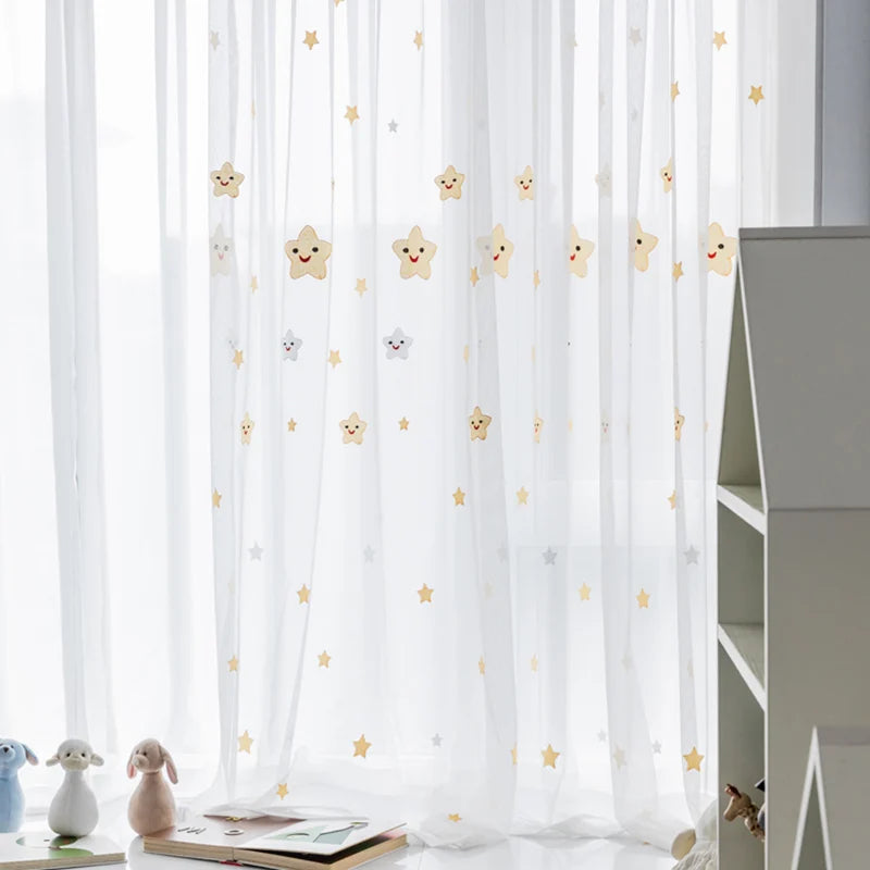 rideau blanc étoiles souriantes transparent moderne chambre d'enfant polyester brodé