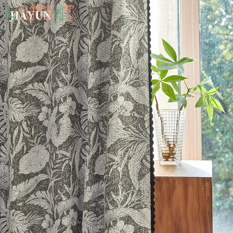 rideau classique gris beige motif floral feuilles opacité franges décoration salon maison luxe