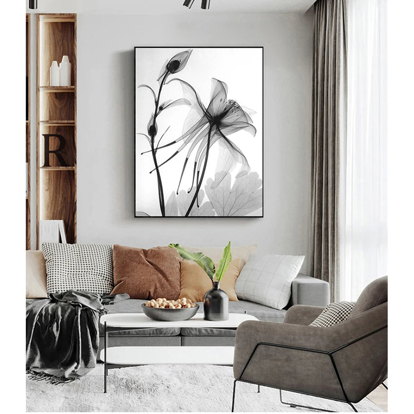 tableau toile art minimaliste fleurs abstraites noir blanc gris décoration murale maison contemporaine