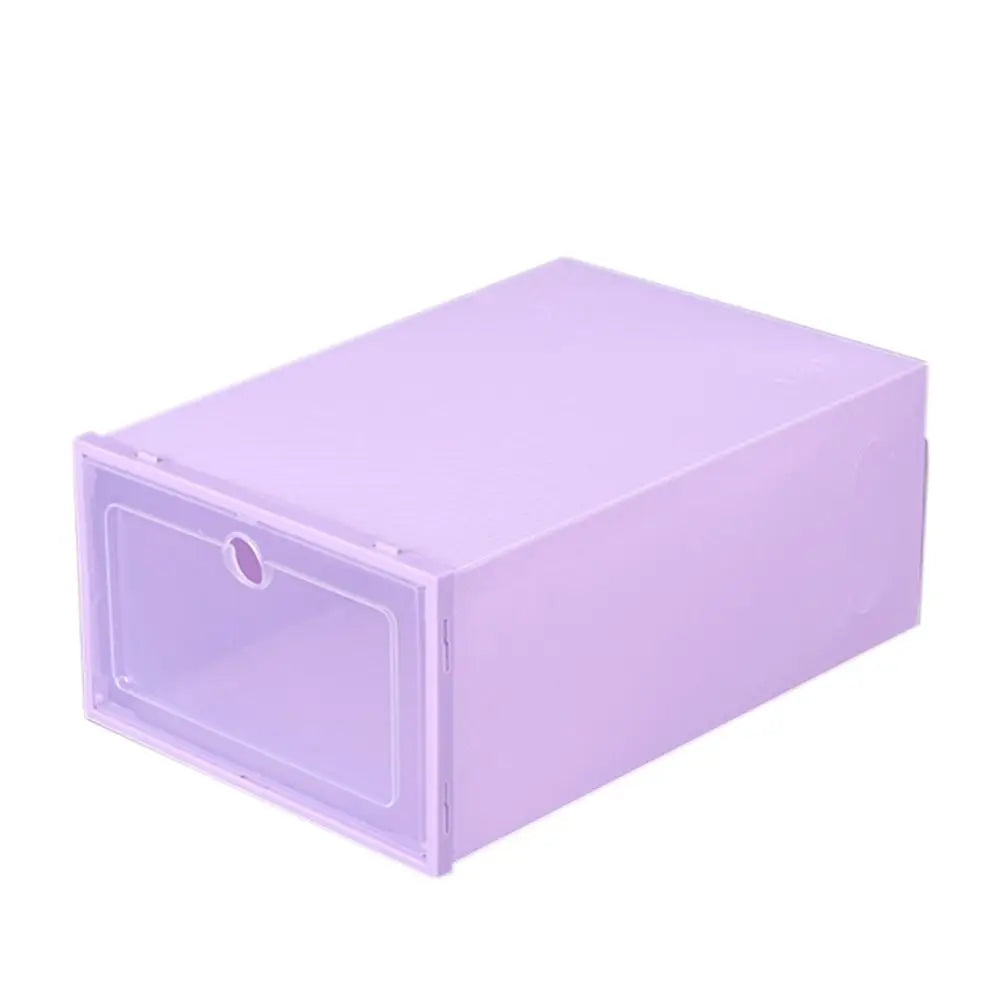 boîtes chaussures transparentes modernes réutilisables noir bleu blanc rose vert pastel poignées incluses