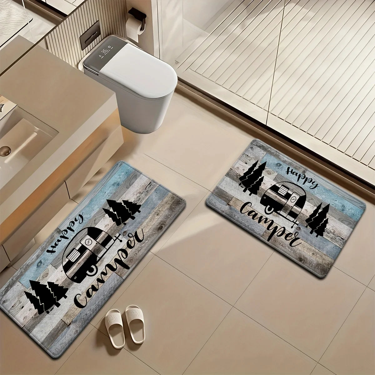 tapis sol imperméable antidérapant polyester flanelle bleu clair gris naturel camping rustique happy camper