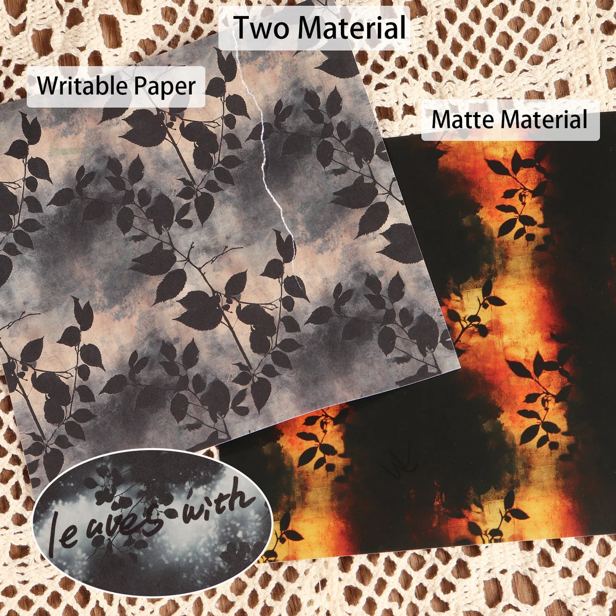 papier decoratif feuilles noires fond sombre feuilles blanches fond clair artisanal noir orange gris