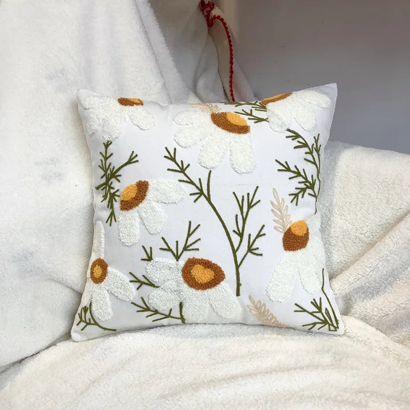 housse coussin décorative motif floral brodé moderne canapé salon lit maison blanc